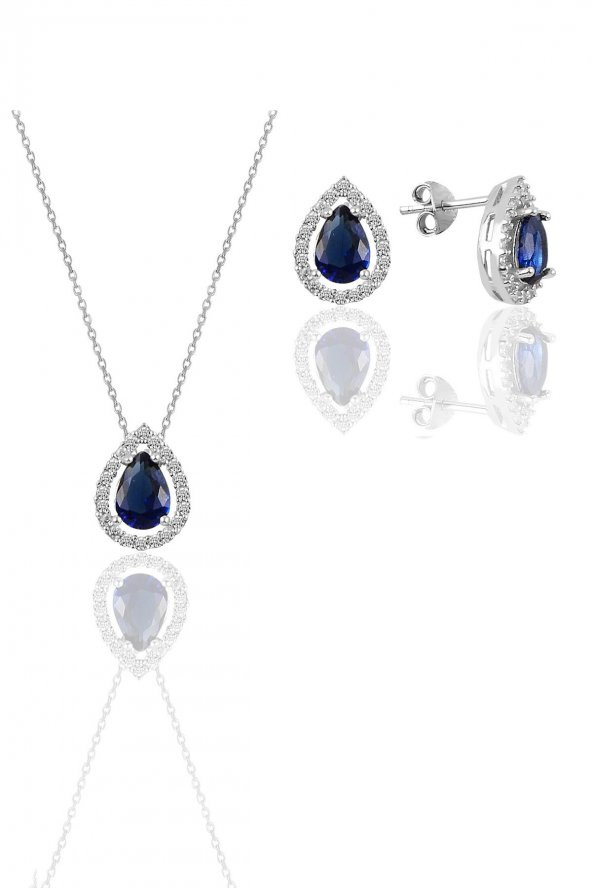 Gümüş beyaz altın rodyumlu safir taşlı damla modeli ikili set