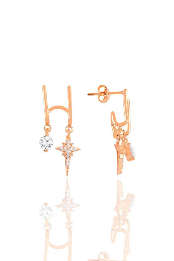 Gümüş rose zirkon taşlı çift görünümlü gümüş kutup yıldızı kupe ürün görseli 1