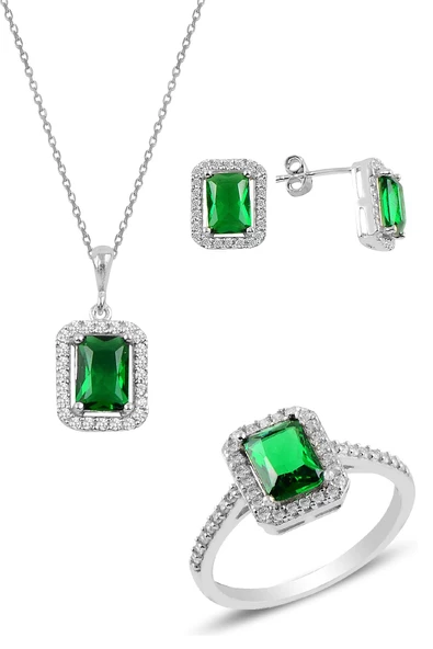 Gümüş rodyumlu kök zümrüt baget taşlı üçlü set SGTL10733YSL ürün görseli