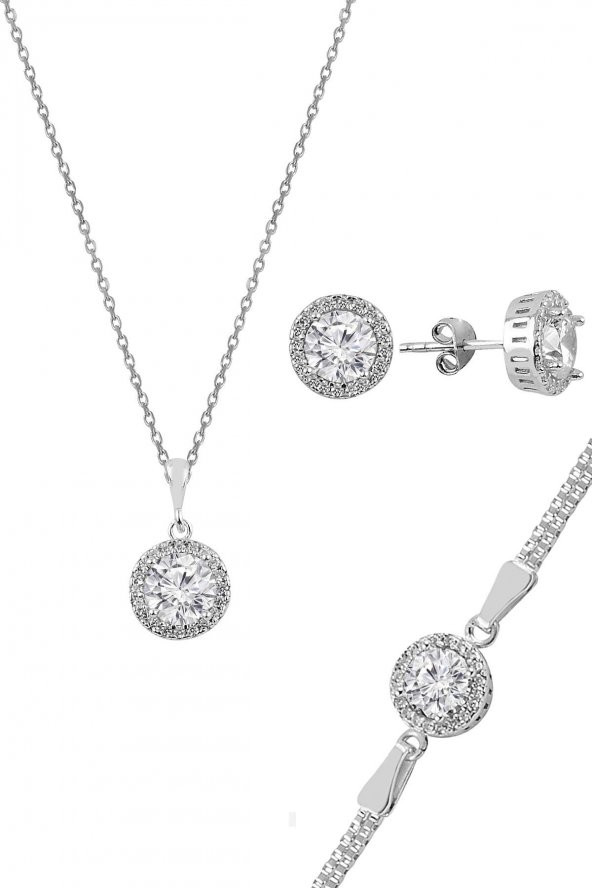 Gümüş zirkon taşlı yuvarlak pırlanta montürlü gümüş üçlü set ürün görseli