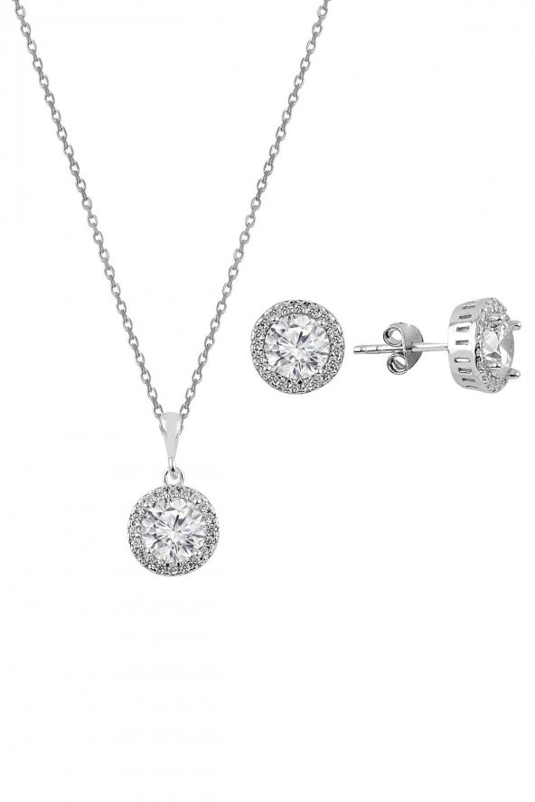 Gümüş zirkon taşlı yuvarlak pırlanta montürlü gümüş ikili set ürün görseli