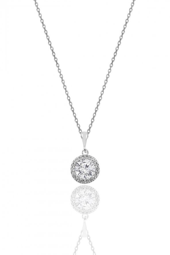 Gümüş zirkon taşlı yuvarlak pırlanta montürlü gümüş kolye ürün görseli