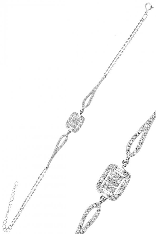 Gümüş rodyumlu zirkon baget taşlı bileklik. ürün görseli