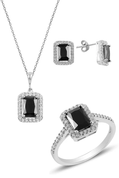 Gümüş rodyumlu onix  baget taşlı üçlü set SGTL10733SYH ürün görseli