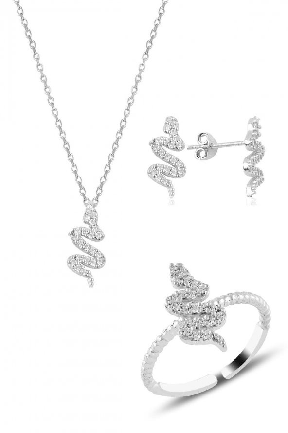 Gümüş rodyumlu yılan kolye küpe ve yüzük seti