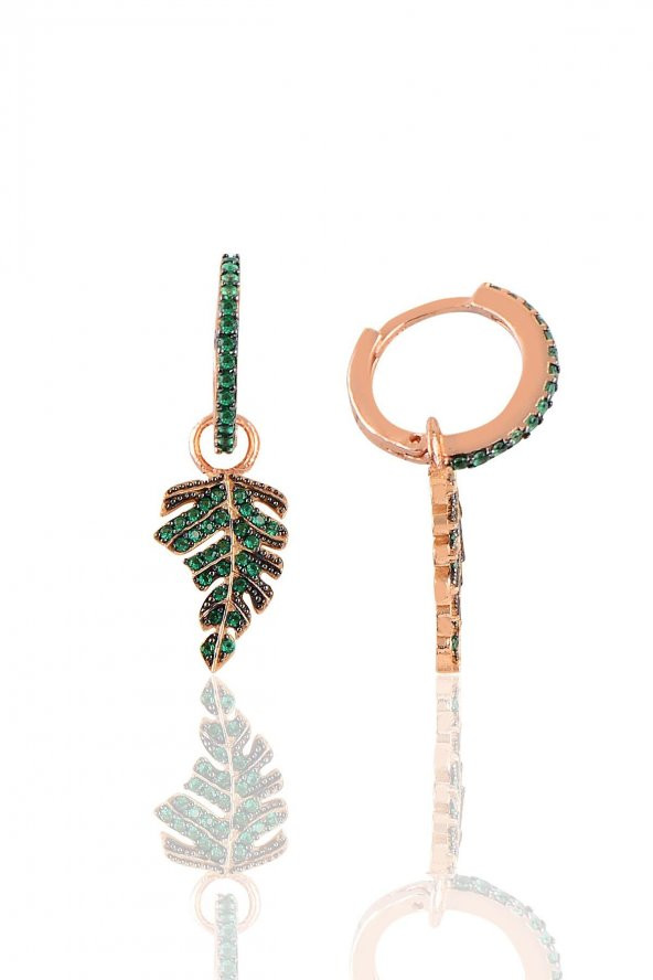 Gümüş rose 14 mm yeşil taşlı yaprak  küpe ürün görseli 1