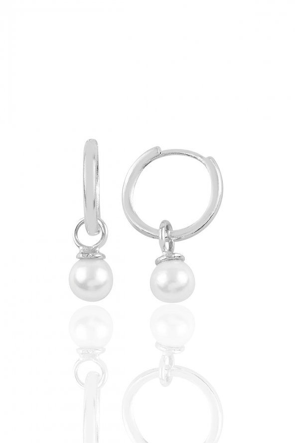 Gümüş rodyumlu 14 mm incili halka küpe - 1
