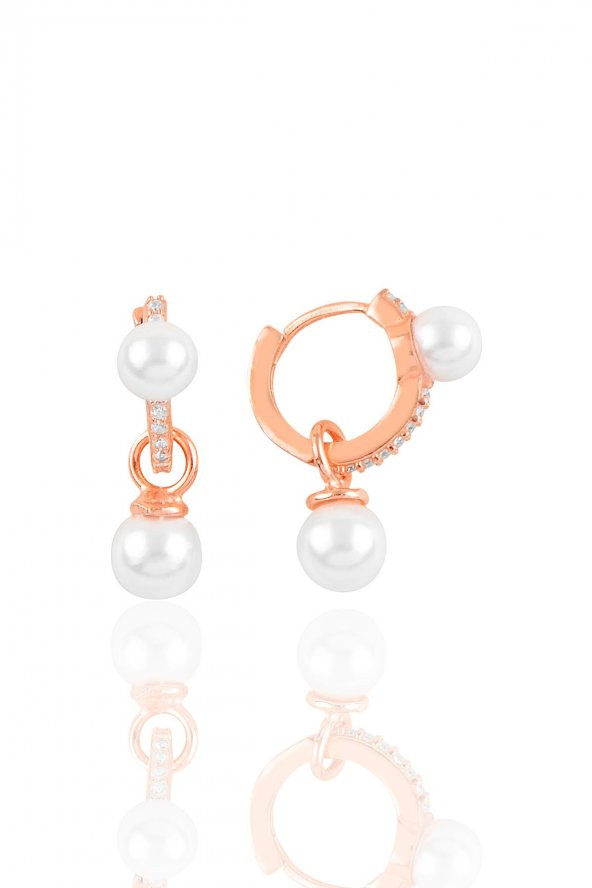 Gümüş rose zirkon taşlı inci sallantılı halka küpe ürün görseli 1