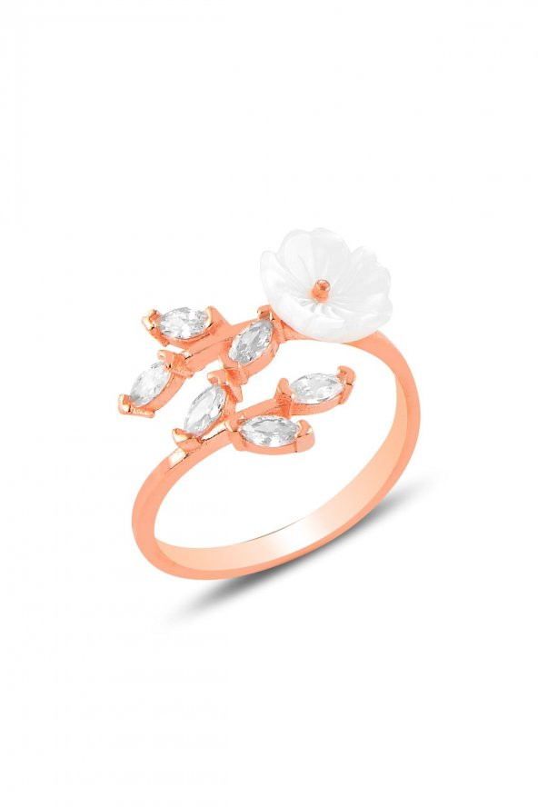 Gümüş rose sedef taşlı yapraklı manolya çiçeği yüzük. ürün görseli