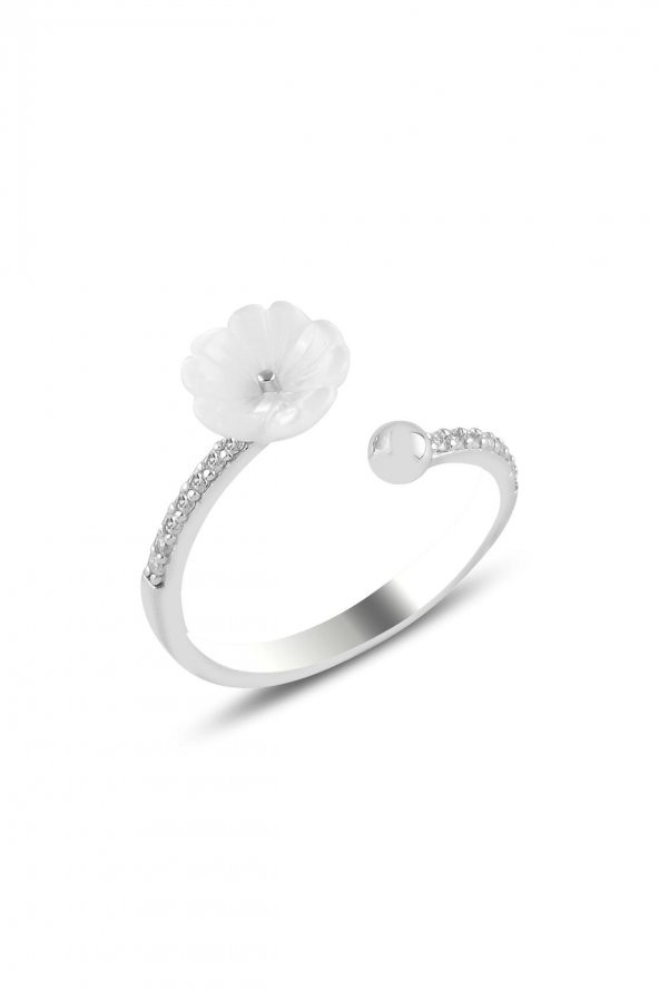 Gümüş rodyumlu  sedef taşlı manolya çiçeği yüzük. ürün görseli