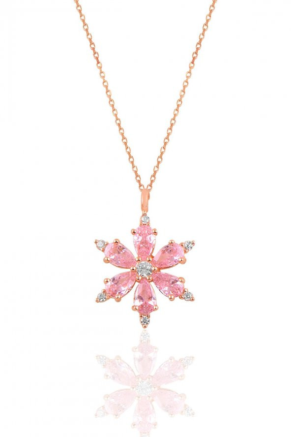 Gümüş rose pembe taşlı kar tanesi kolye