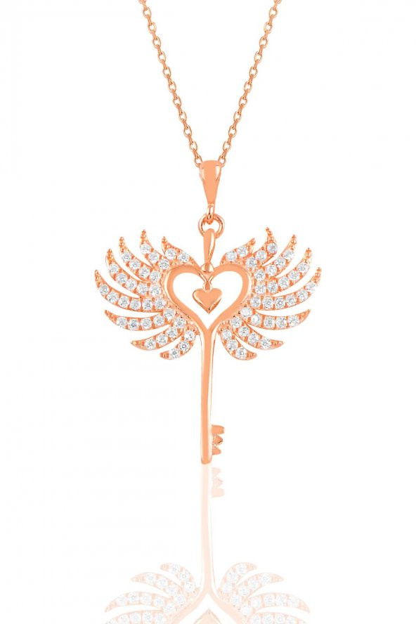 Gümüş rose zirkon taşlı kalbin anahtarı kolye ürün görseli