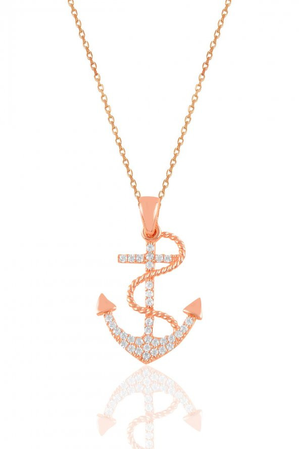 Gümüş rose zirkon taşlı çapa kolye - 1