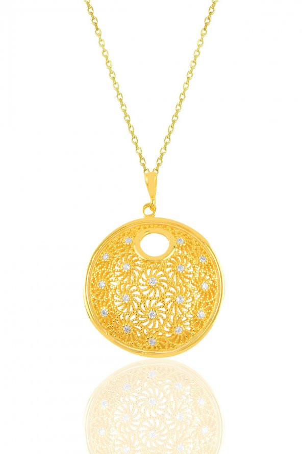 Gümüş altın yaldızlı zirkon taşlı modern telkari görünümlü kolye ürün görseli 1