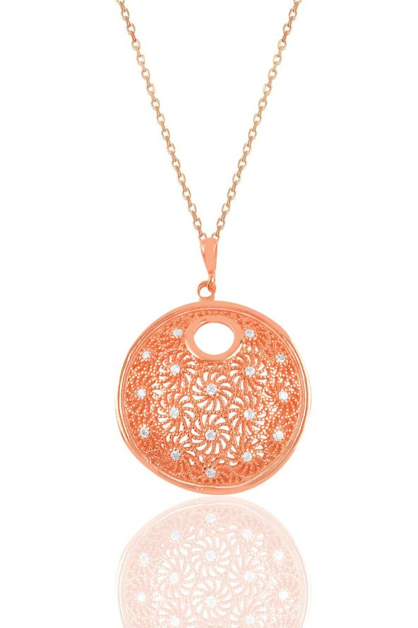Gümüş rose zirkon taşlı modern telkari görünümlü kolye