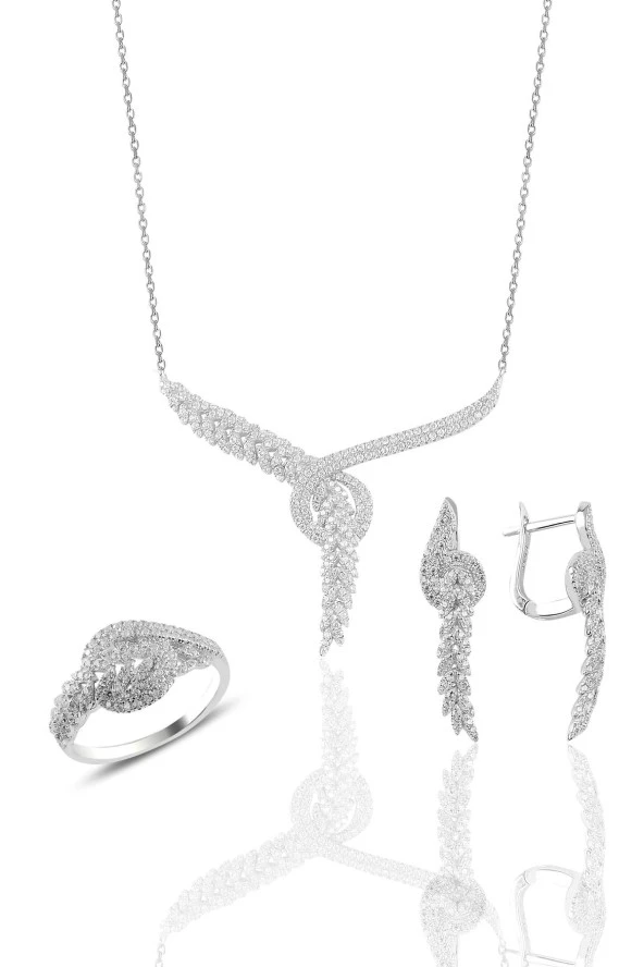 Gümüş rodyumlu  pırlanta modeli beyaz altın görünümlü kolye küpe ve yüzük seti SGTL10941