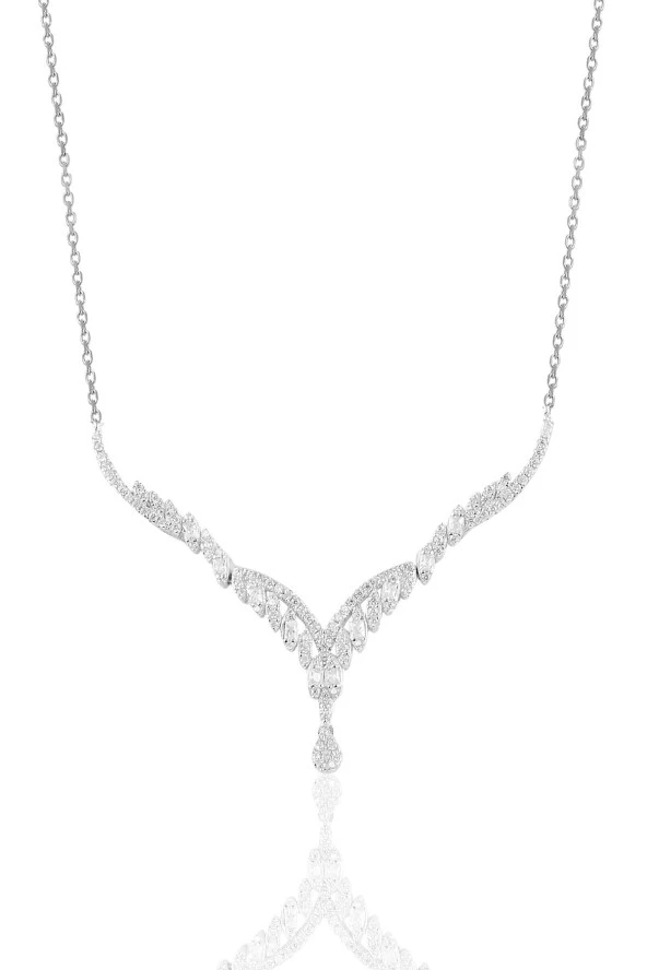 Gümüş rodyumlu  pırlanta modeli beyaz altın görünümlü kolye küpe ve yüzük seti SGTL10942 - Resim 2