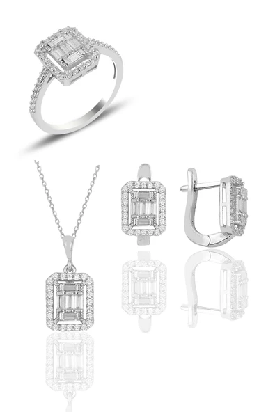 Gümüş rodyumlu  gümüş baget taşlı üçlü set SGTL10736RODAJ ürün görseli