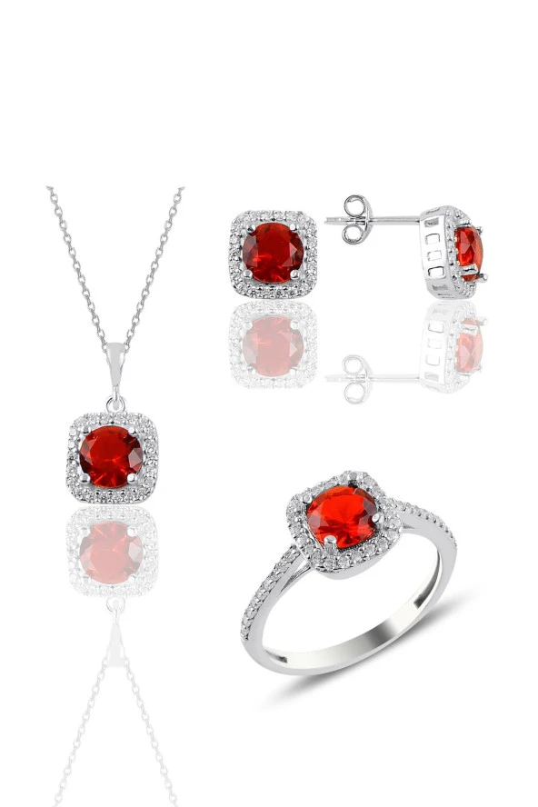 Gümüş rodyumlu kırmızı taşlı kare üçlü set SGTL10762KIRMIZI ürün görseli