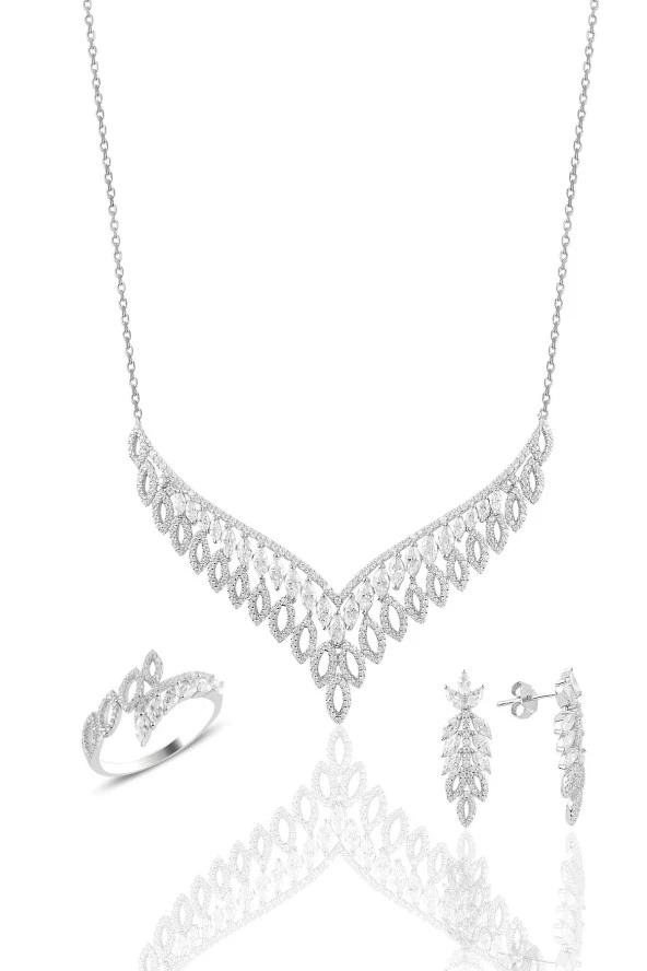 Gümüş rodyumlu  pırlanta modeli beyaz altın görünümlü kolye küpe ve yüzük seti SGTL10946