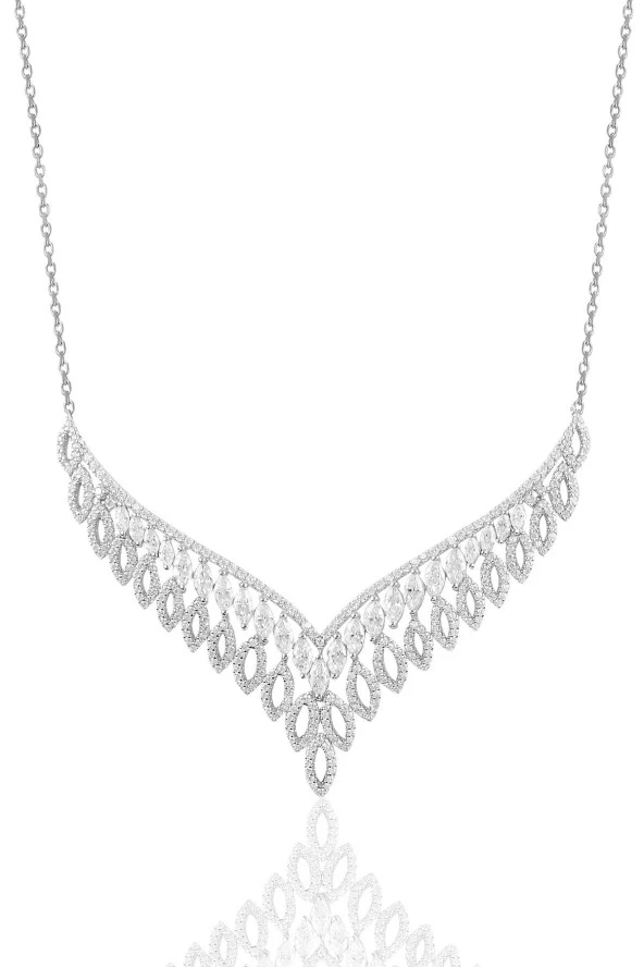 Gümüş rodyumlu  pırlanta modeli beyaz altın görünümlü kolye küpe ve yüzük seti SGTL10946 - 2