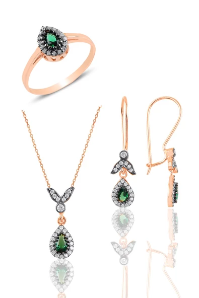 Gümüş rose kök zümrüt  taşlı damla üçlü set  SGTL10988ZUMRUT ürün görseli