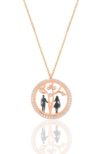 Gümüş rose zirkon taşlı hayat ağacı aşıklar kolyesi SGTL11007ROSE ürün görseli 1