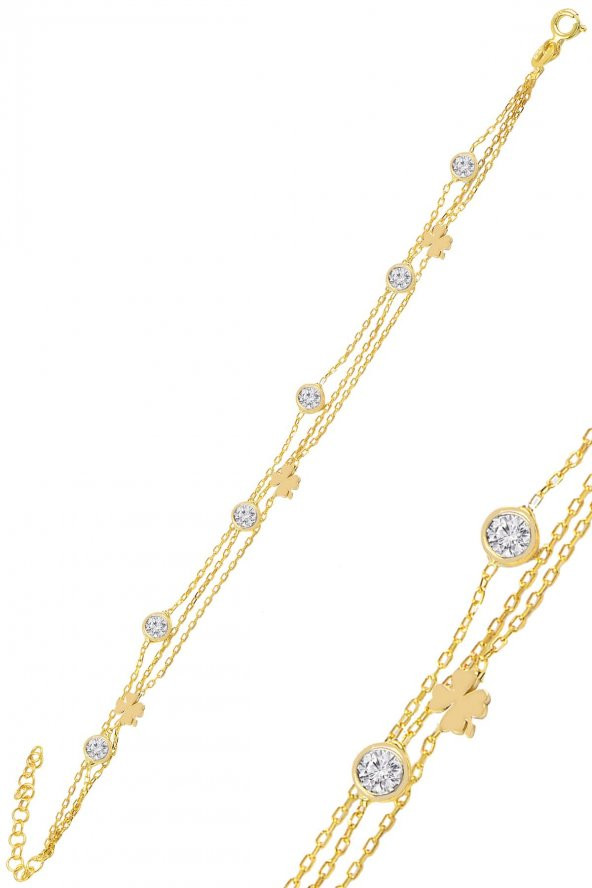 Gümüş altın yaldızlı zirkon taşlı yonca  figürlü bileklik ürün görseli