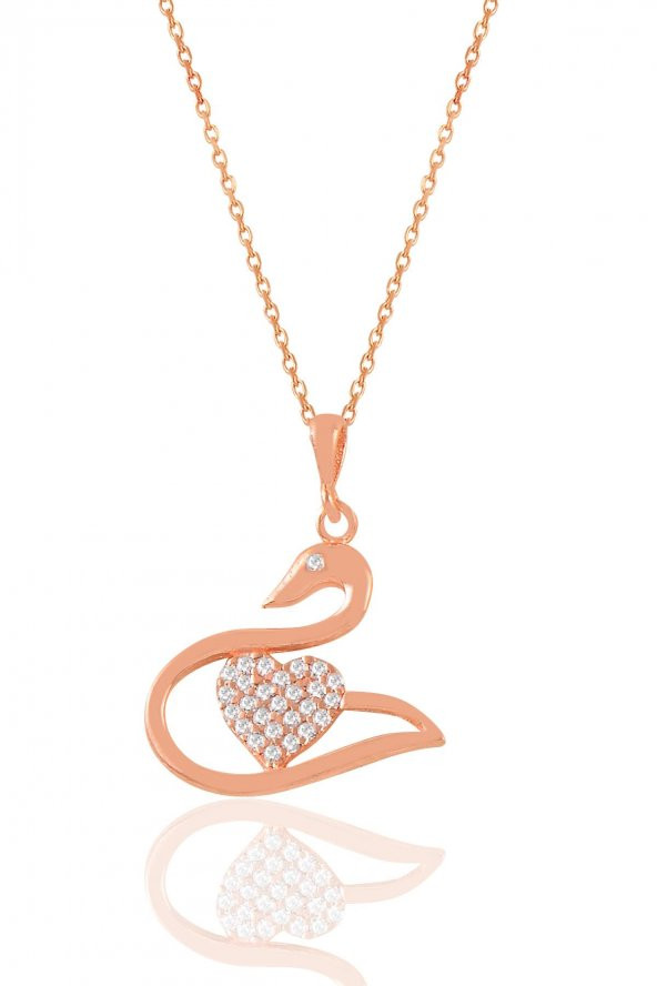 Gümüş rose zirkon taşlı kalpli kuğu kolye ürün görseli 1