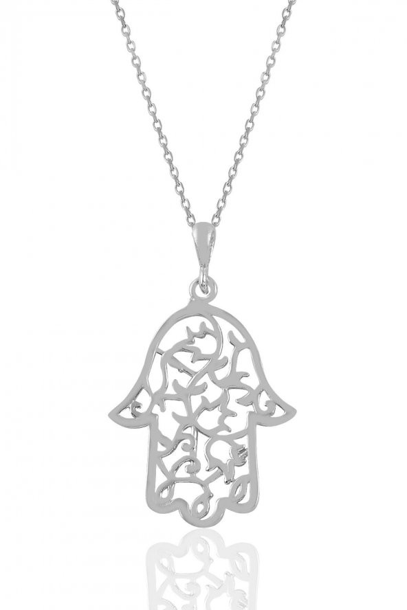 Gümüş rodyumlu işlemeli fatma ana eli kolye ürün görseli 1