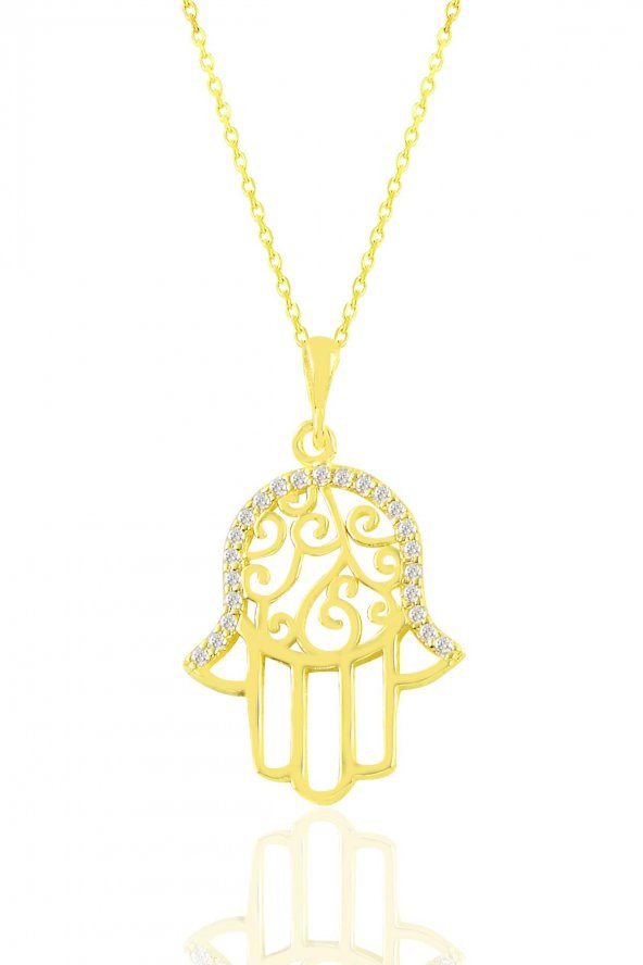 Gümüş altın yaldızlı zirkon taşlı işlemeli fatma ana eli kolye ürün görseli 1