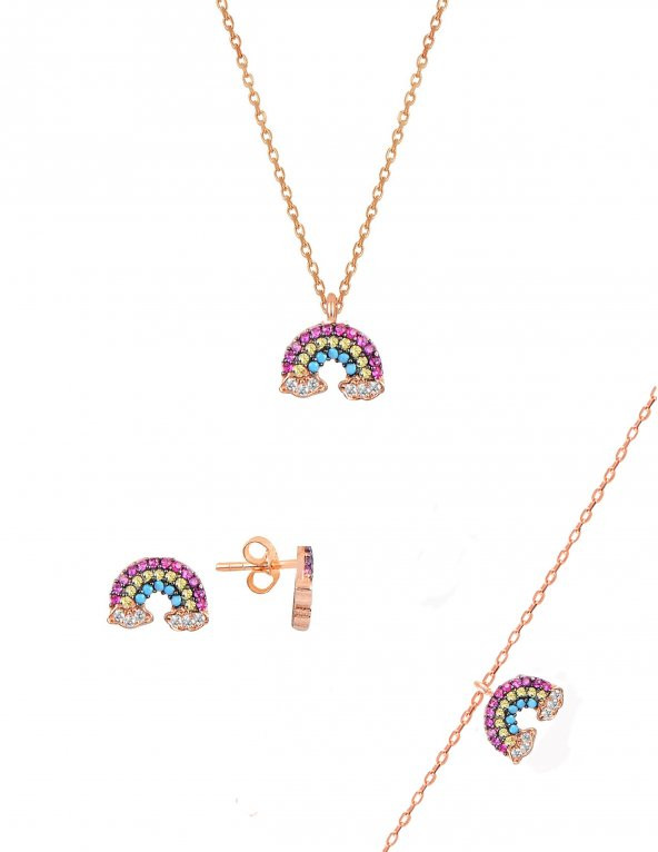 Gümüş rose renkli taşlı gök kuşağı üçlü set