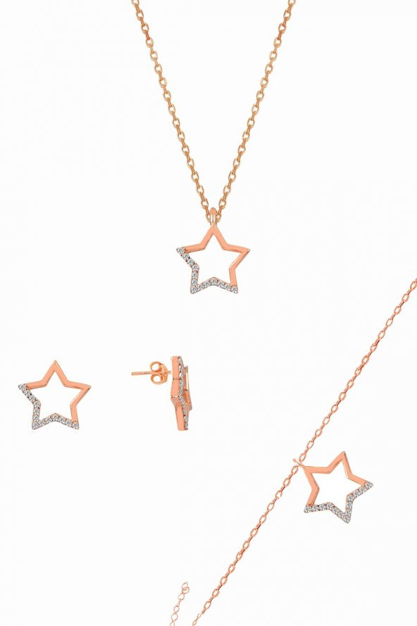 Gümüş rose içi boş yıldız modeli üçlü set ürün görseli