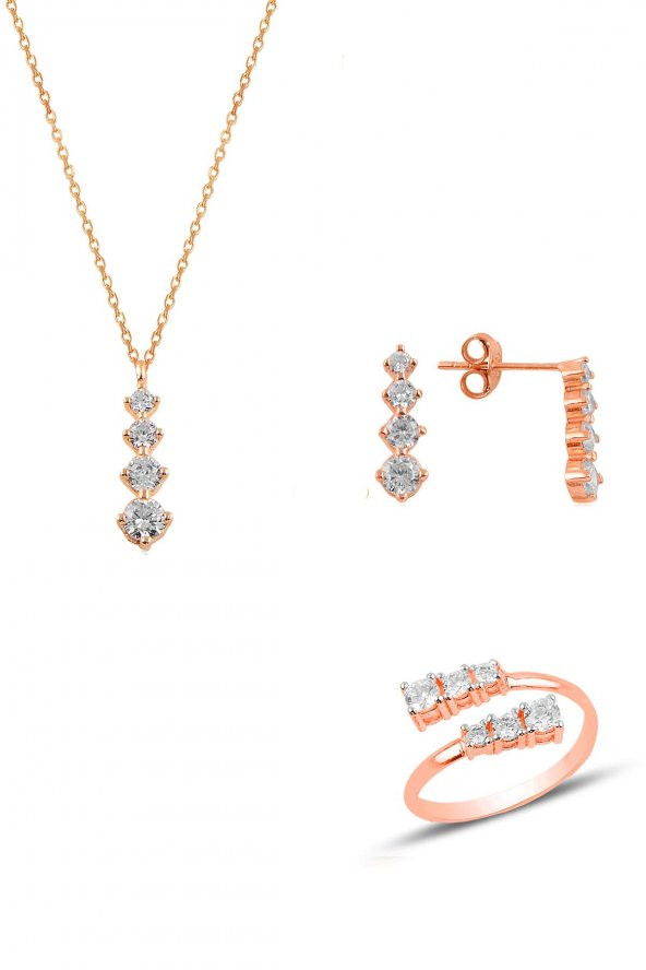 Gümüş rose zirkon taşlı pırlanta modeli pırıltı üçlü set ürün görseli