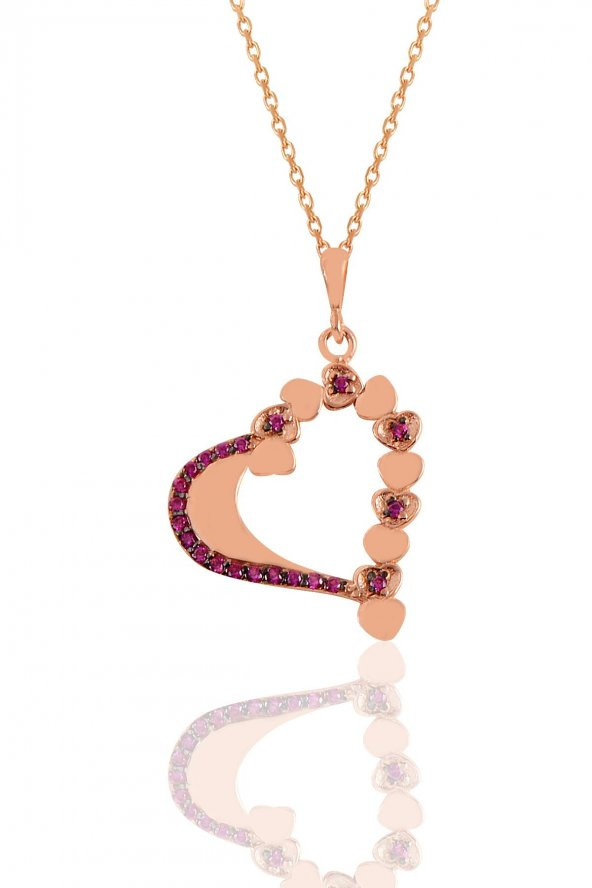 Gümüş rose fuşya taşlı kalpli aşk kolye ürün görseli 1