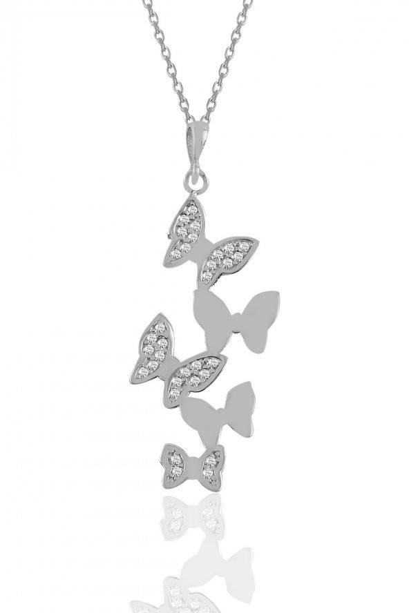 Gümüş rodyumlu zirkon taşlı uçuşan kelebekler kolye
