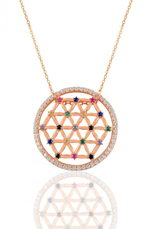 Gümüş rose renkli taşlı yaşam çiçeği kolye ürün görseli 1