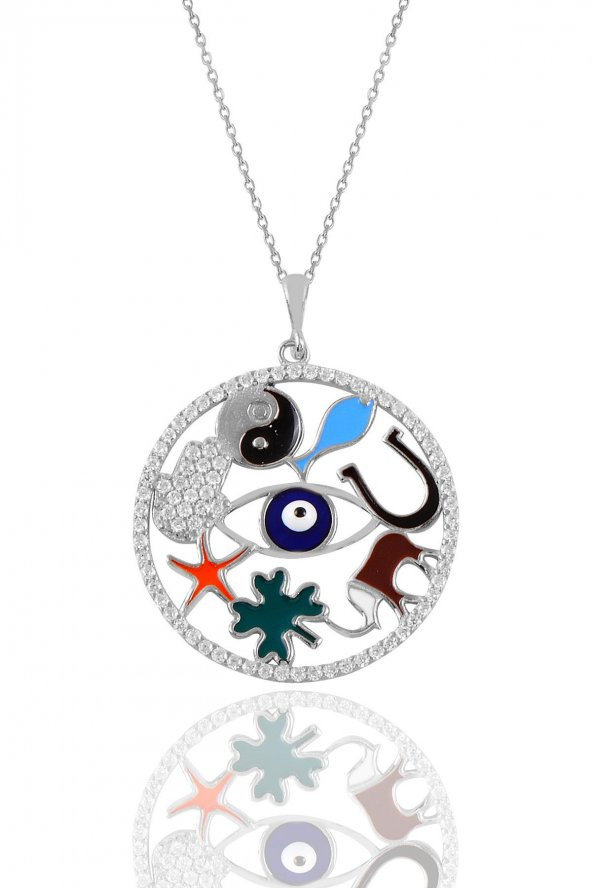 Gümüş rodaj  mineli uğur ve şans kolyesi ürün görseli