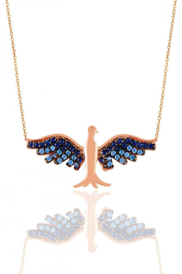 Gümüş rose safir ve akuamarin taşlı simurg anka kuşu kolye