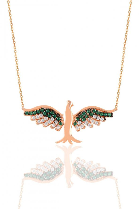Gümüş rose kök zümrüt taşlı simurg anka kuşu kolye ürün görseli 1