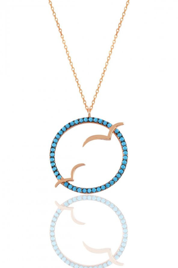 Gümüş rose turkuaz taşlı ikili martı kolye ürün görseli