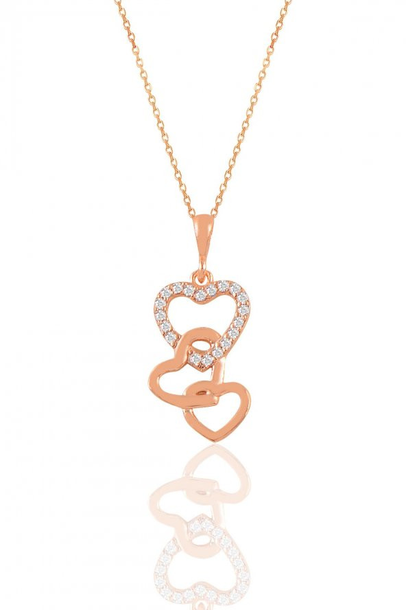 Gümüş rose zirkon taşlı birleşen kalpler kolye - 1