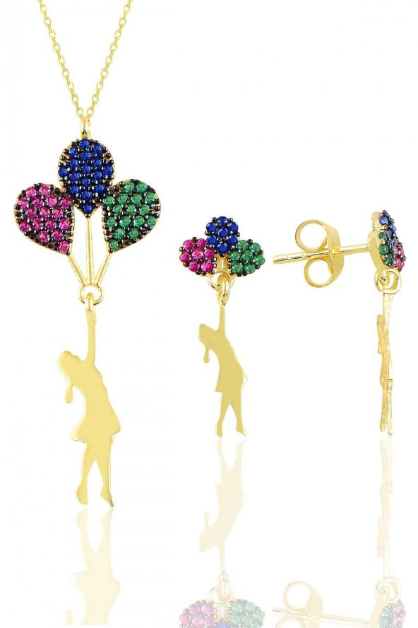 Gümüş altın yaldızlı balonlu kız kolye ve küpe seti ürün görseli