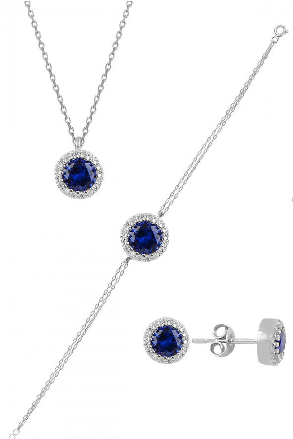 Gümüş rodyumlu zirkon ve  safir taşlı pırlanta modeli üçlü set