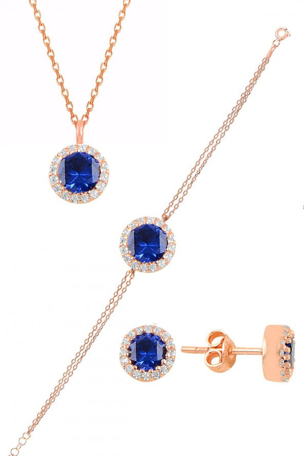Gümüş rose zirkon ve  safir taşlı pırlanta modeli üçlü set ürün görseli