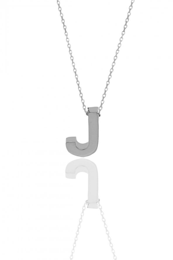 Gümüş rodyumlu üç boyutlu minimal J  harf kolye ürün görseli 1