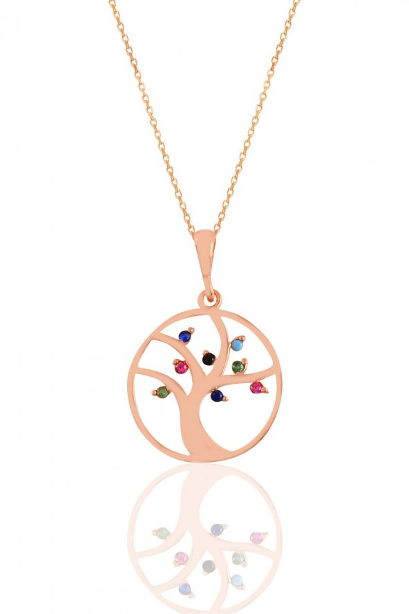 Gümüş rose  renkli taşlı ağaç kolye ürün görseli