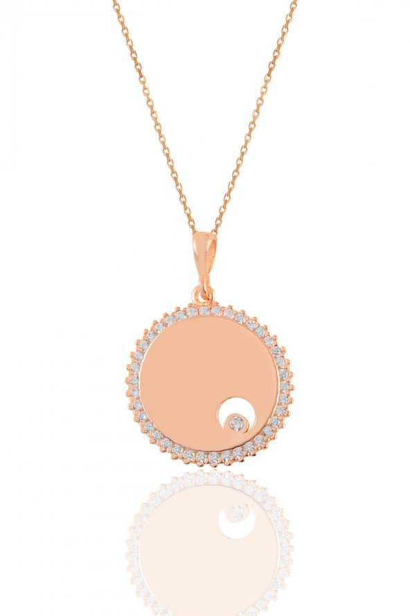 Gümüş rose zirkon tek taşlı yuvarlak kolye