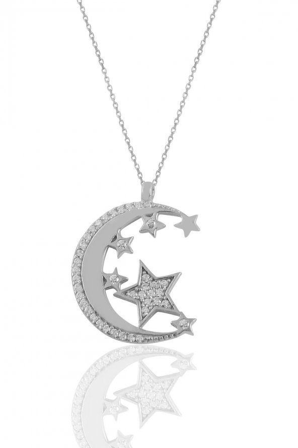 Gümüş rodyumlu zirkon taşlı ay ve yıldızlar kolye ürün görseli 1