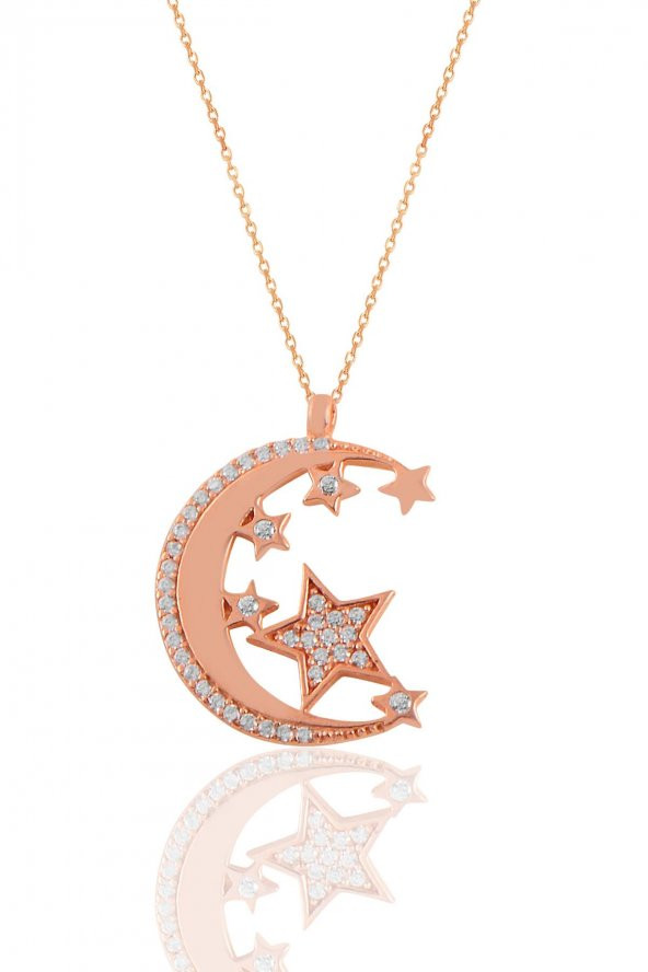 Gümüş rose zirkon taşlı ay ve yıldızlar kolye - 1